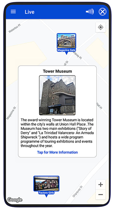 A screen shot of the Derry Smart Tour app showing information about your current location