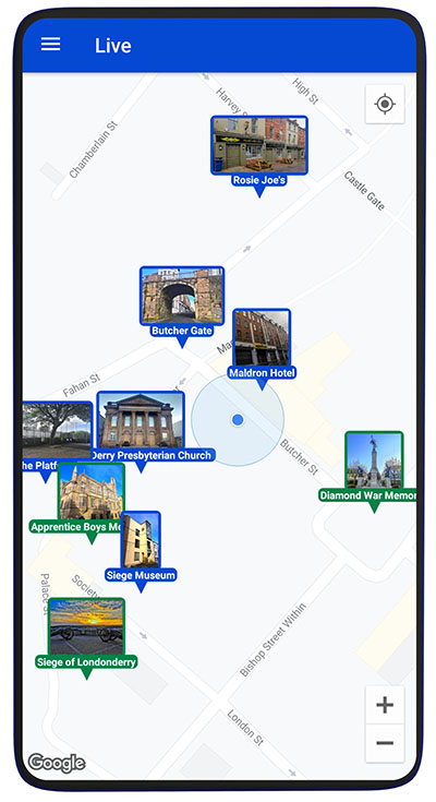 A screen shot of Derry Smart Tour showing the 10 closest points of interest