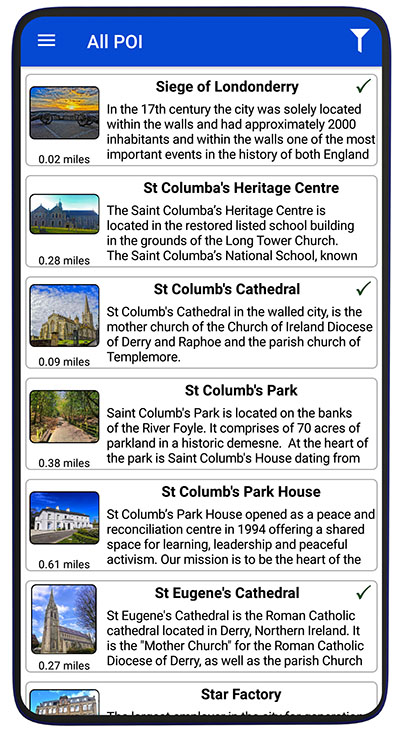 A screen shot of Derry Smart Tour showing a list of points of interest
